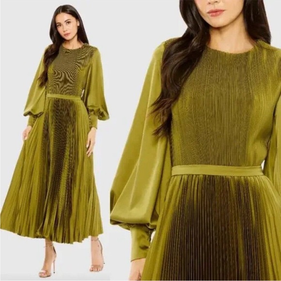 Mac Duggal 49718 Size 12 Green Long Bishop Sleeve High Neck Pleated Midi Dress - Picture 1 of 6